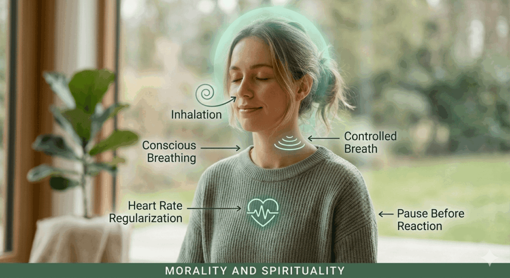 Person using deep breathing to develop emotional self awareness and control emotions in real time.