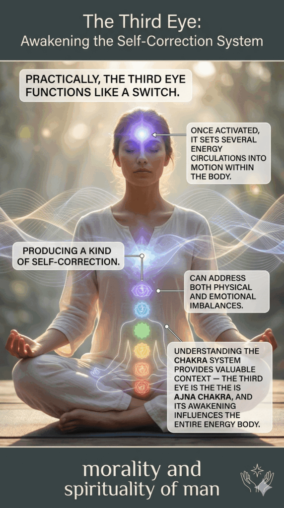 Meditating figure with glowing indigo light on the forehead symbolizing third eye awakening and inner consciousness activation