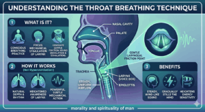 Anatomical diagram of the throat breathing technique showing the correct laryngeal friction point at the lower throat, with labels for tongue, nasal cavity, palate, and the steady airflow path that generates a gentle friction sound.