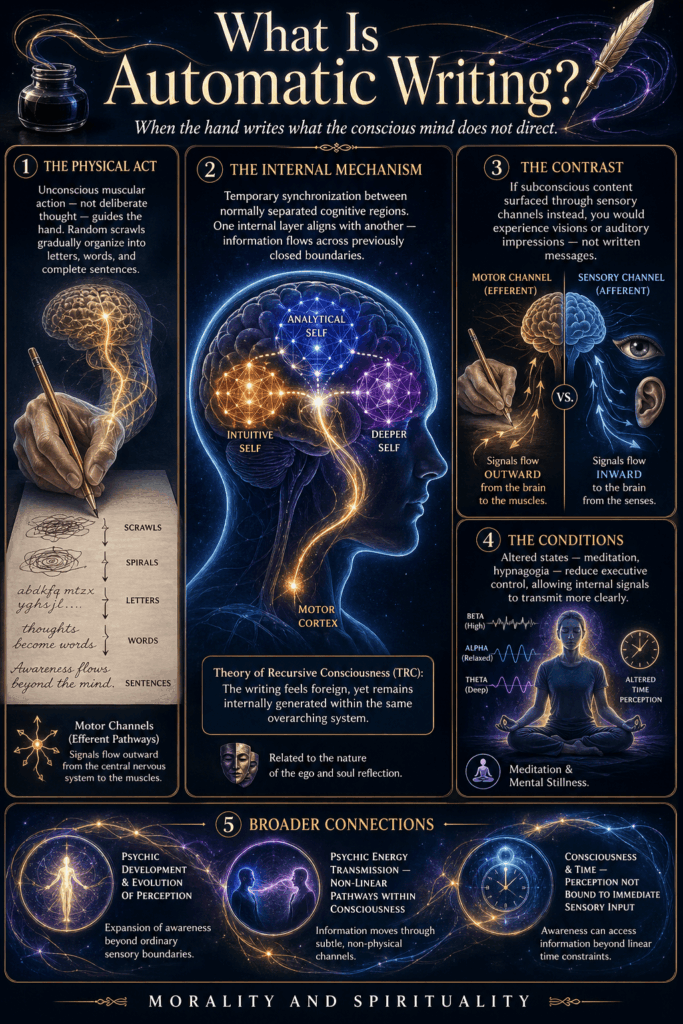 How automatic writing works: motor channels guide unconscious hand movement as internal consciousness layers temporarily synchronize across cognitive boundaries.