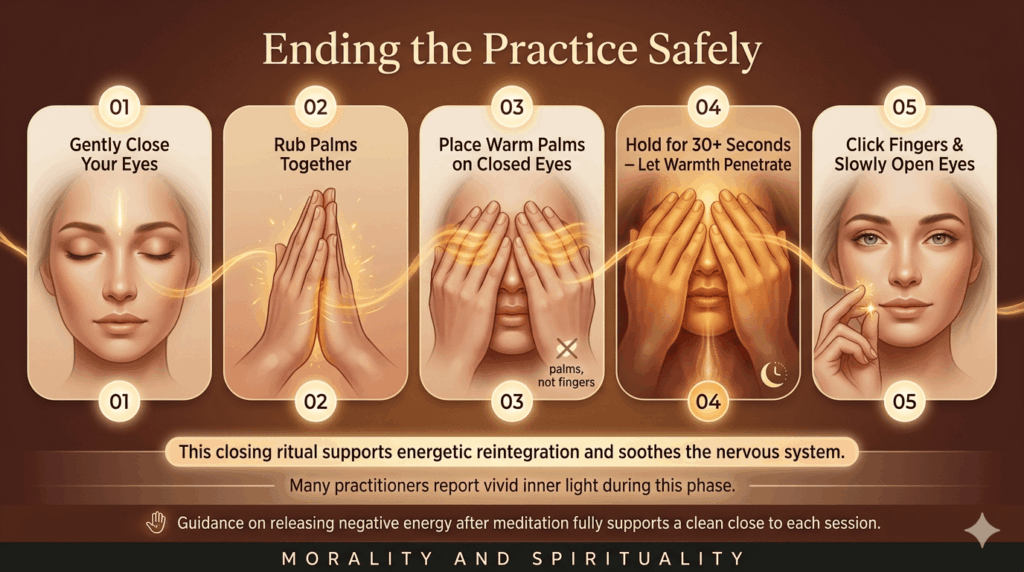 Five-step closing ritual for spiritual seeing practice: close eyes, rub palms, cup warm palms over eyes, hold, click fingers, and open eyes.