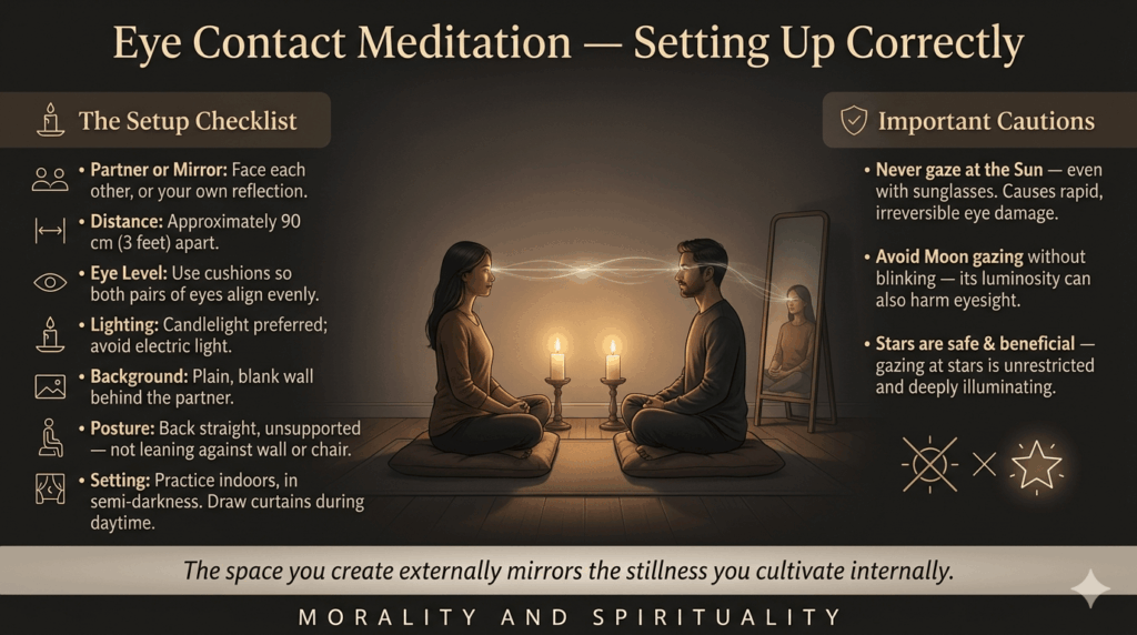 Setup guide for eye contact meditation, a core spiritual seeing practice, showing ideal distance, candlelight, posture, and safety cautions.
