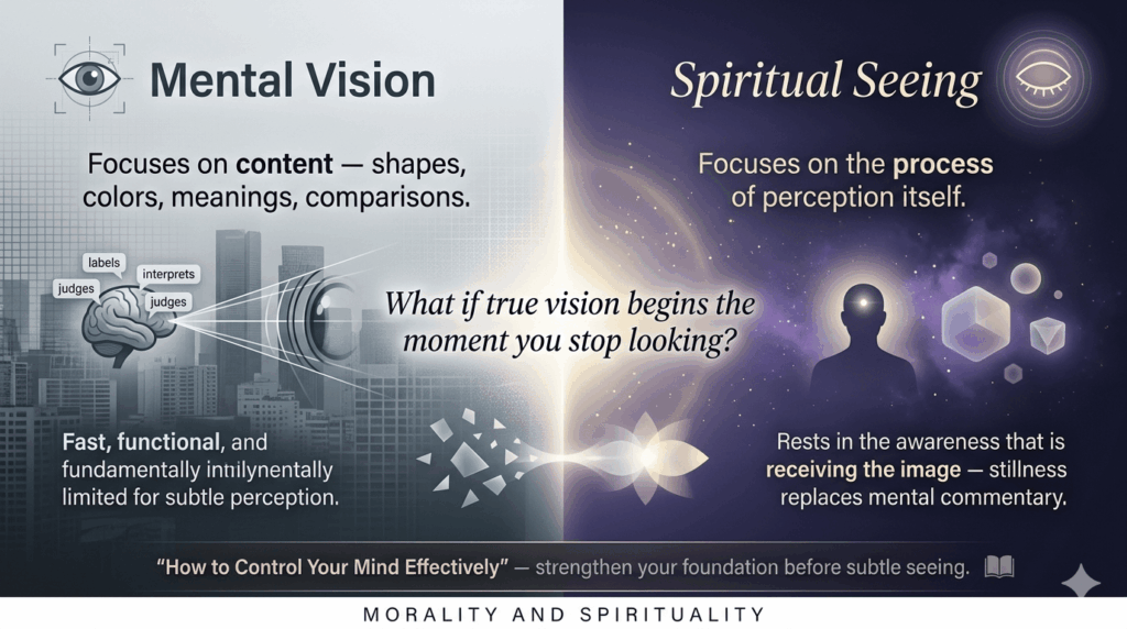 Comparison infographic contrasting mental vision with spiritual seeing practice, showing the shift from analytical looking to pure perception awareness.