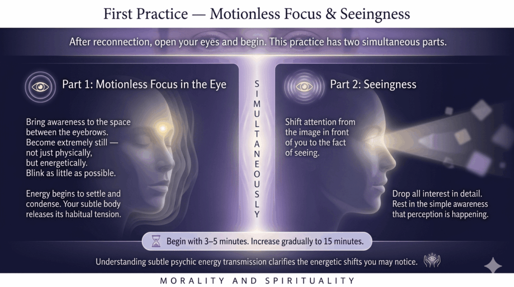 Instructional infographic on motionless focus and seeingness, two simultaneous parts of the spiritual seeing practice for opening subtle perception.