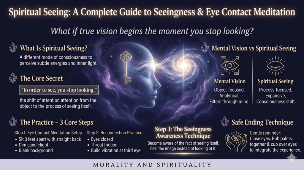 The spiritual seeing practice, showing the shift from mental looking to the seeingness awareness technique.