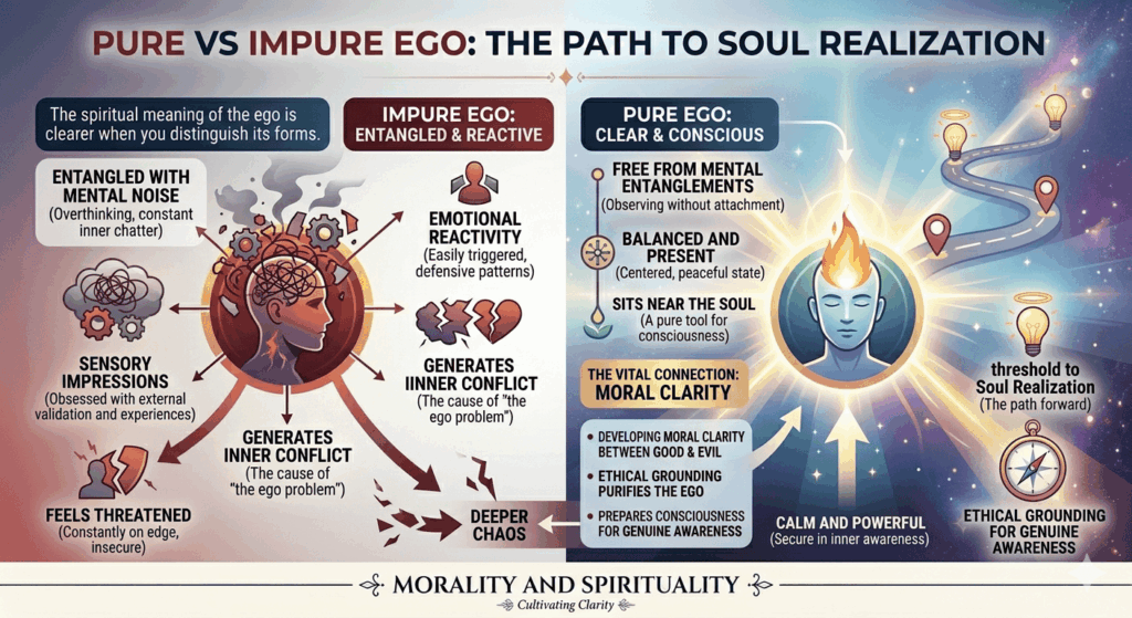 Explanation for ego vs true self by contrasting impure ego—driven by emotional reactivity and mental noise—with pure ego, which reflects balance, clarity, and alignment with soul realization.