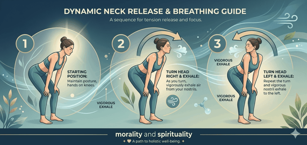 Dynamic neck release breathing sequence in Hatha yoga cleansing showing posture and nasal exhale technique