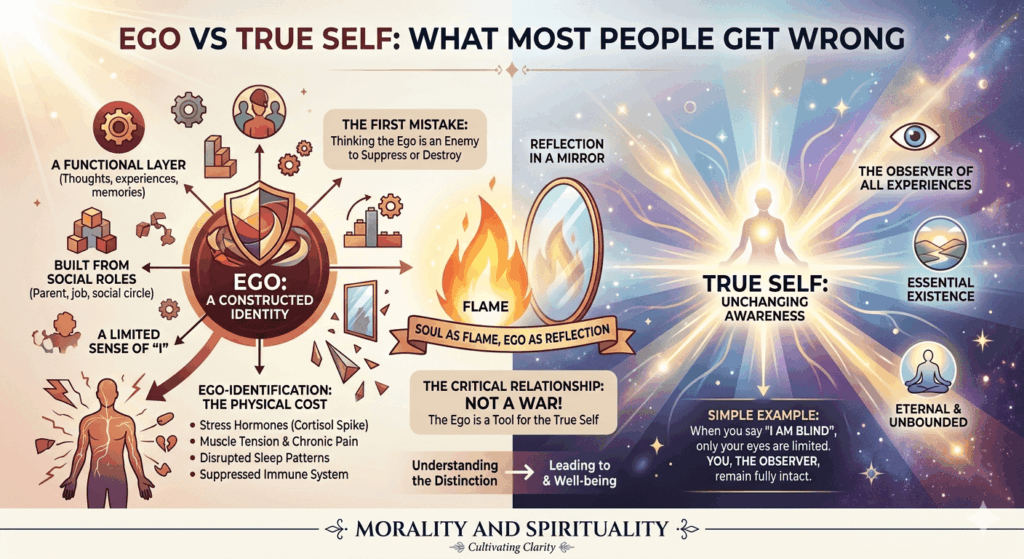 The key differences between ego and true self, illustrating how the ego forms through thoughts and roles, while the true self remains an unchanging awareness beyond experiences and identity.