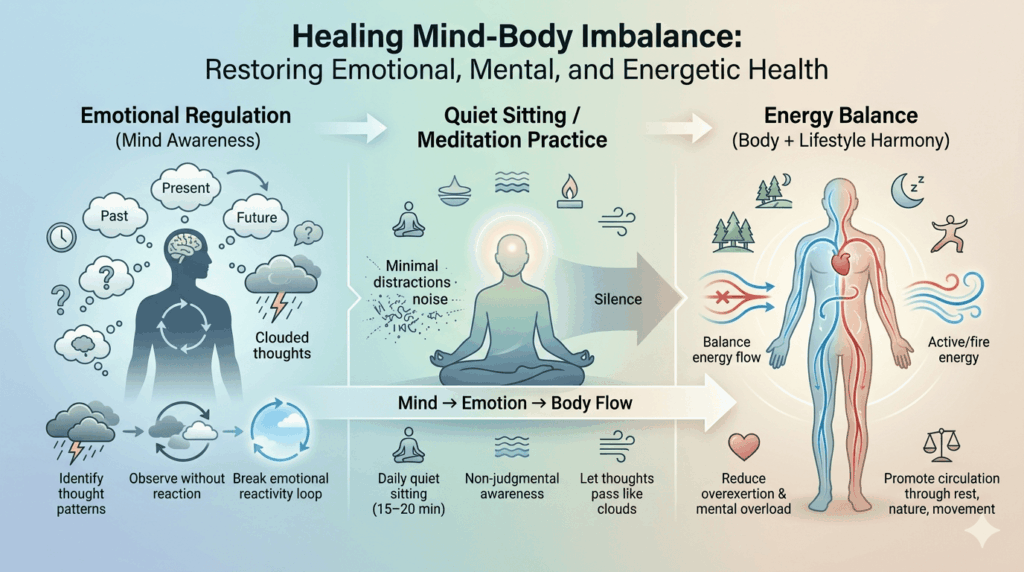 Horizontal infographic explaining mind-body connection with emotional regulation, meditation, and energy balance techniques for healing mind-body connection naturally and effectively.
