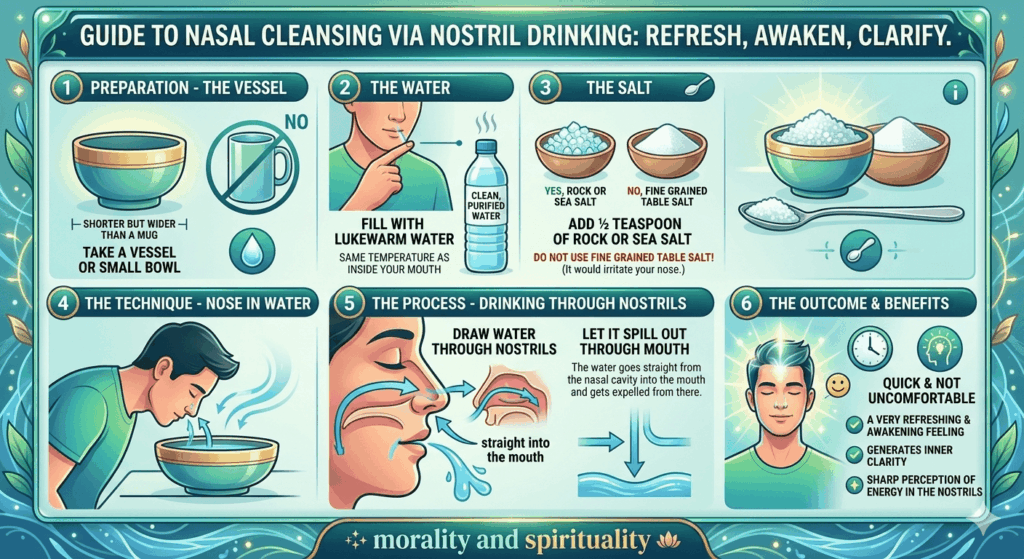 Step-by-step neti nasal cleansing process in Hatha yoga cleansing using salt water and nostril breathing technique
