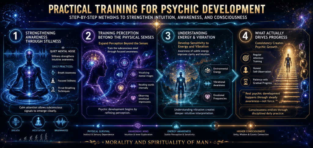 Psychic development training infographic showing meditation, energy awareness, intuition, and consciousness growth