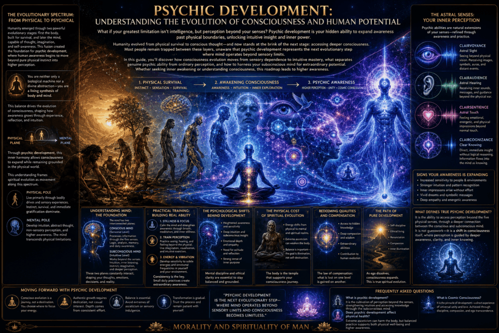 Psychic development showing human consciousness evolving from survival instinct to cosmic awareness