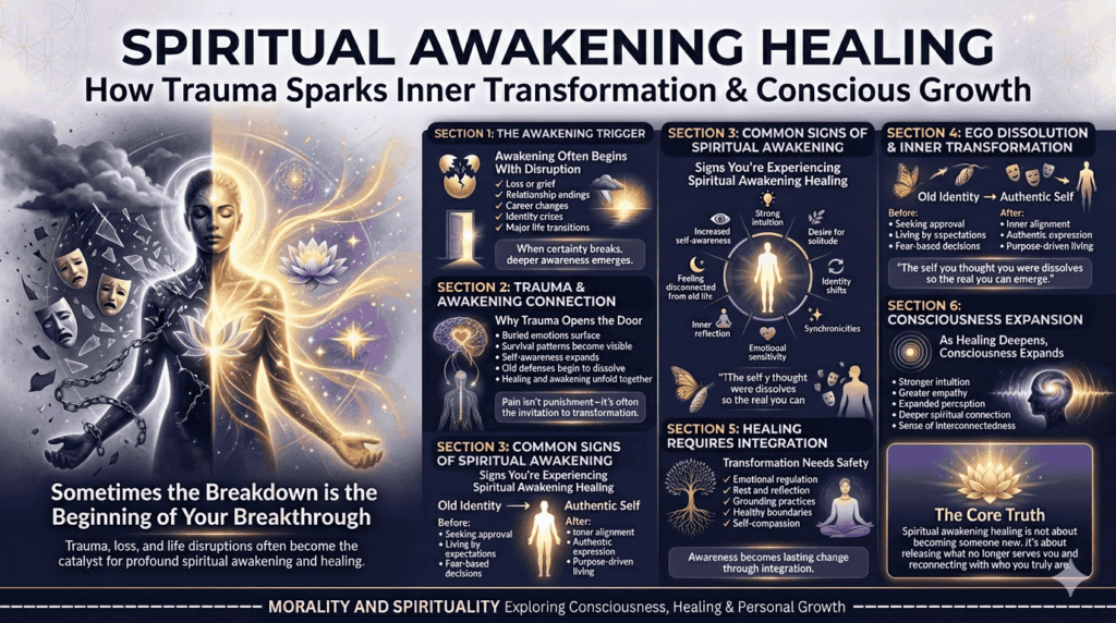 Spiritual awakening healing infographic showing trauma, healing, identity transformation, and consciousness expansion
