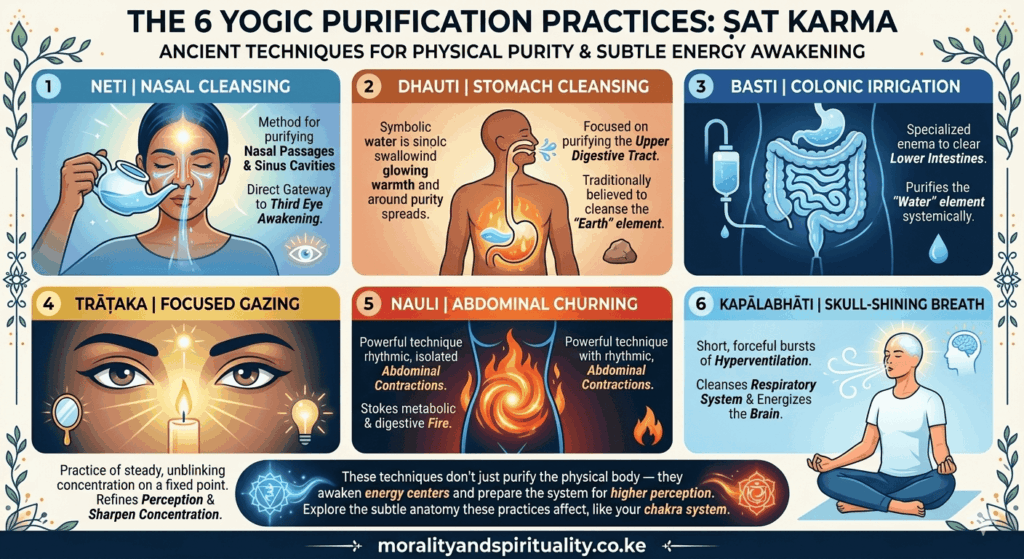 Six yogic purification practices in Hatha yoga cleansing including neti dhauti basti trataka nauli and kapalabhati