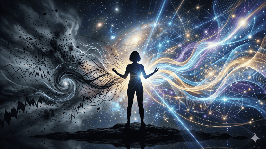 Understanding the Law of Vibration infographic showing how thoughts, emotions, energy frequency, gratitude, mindset, and daily habits raise or lower your vibration and shape reality.
