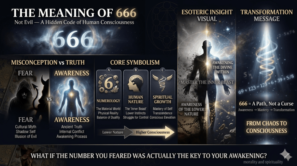 The meaning of 666 in numerology and spiritual symbolism, showing its connection to human consciousness, inner duality between lower nature and higher awareness, and transformation from fear-based interpretation to spiritual mastery.