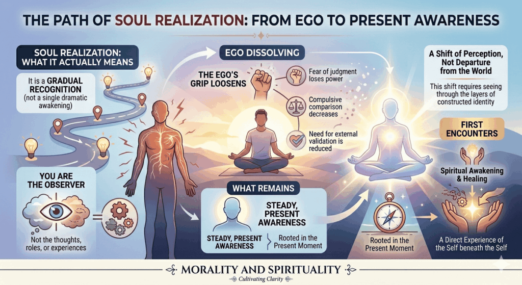 The ego vs true self journey, showing how awareness dissolves ego and leads to soul realization.