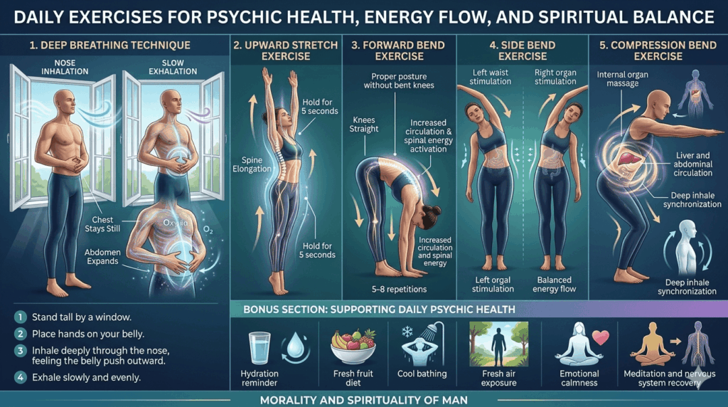Attaining psychic health through physical vitality, mental clarity, breathing practices, and spiritual awareness visualization.