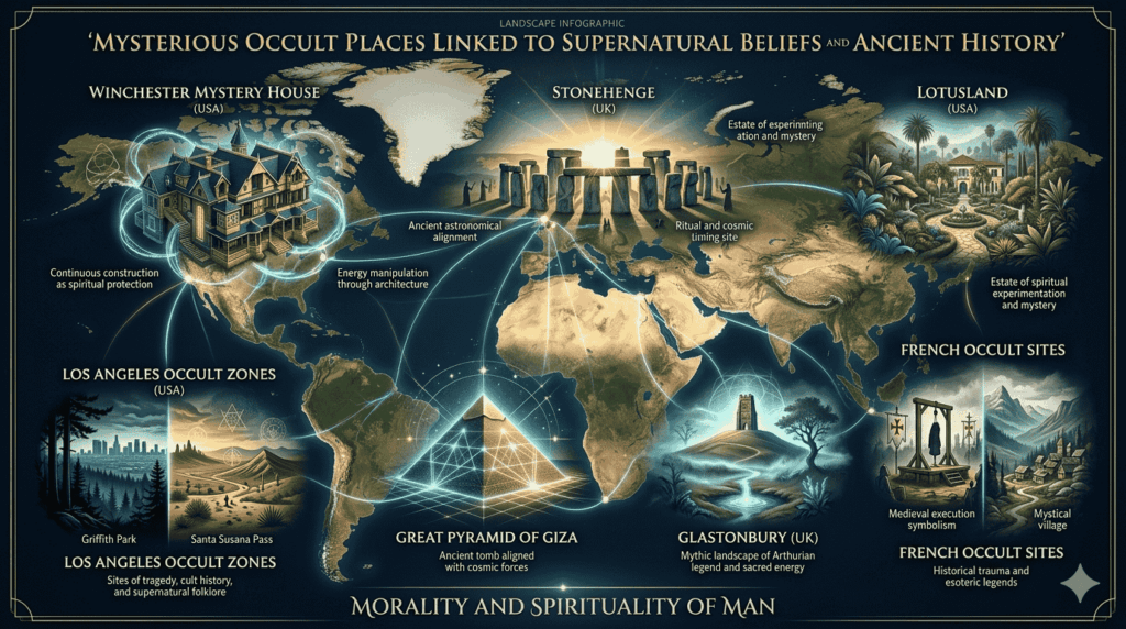 Global map of mysterious occult places including Stonehenge, Giza, Glastonbury, and Winchester Mystery House connected by symbolic energy lines.
