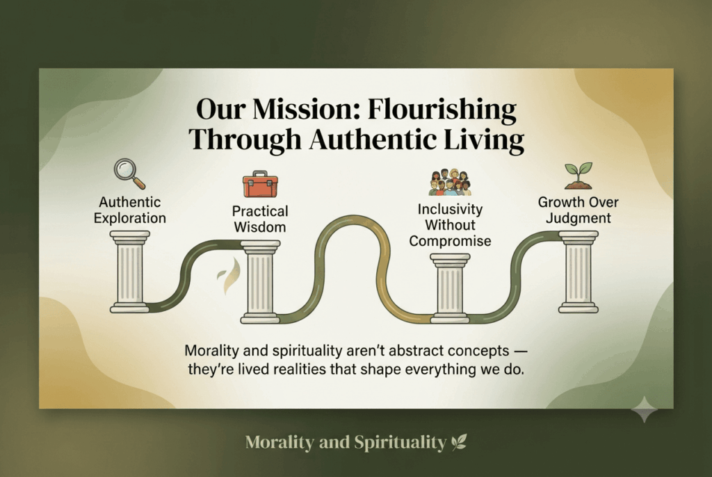 Infographic of the ‘About Morality and Spirituality’ blog mission: a values roadmap with pillars for authentic exploration, practical wisdom, inclusivity, and growth.
