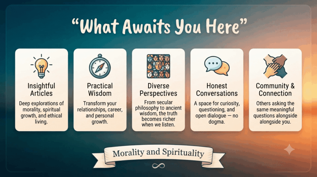Infographic of what awaits readers of the ‘About Morality and Spirituality’ blog: insightful articles, practical wisdom, diverse perspectives, honest conversations, and community.