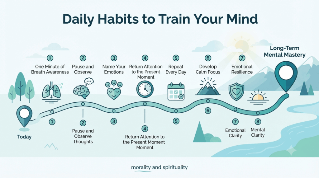 Step-by-step roadmap showing daily habits to control your mind, including breath awareness, observing thoughts, and building emotional resilience over time.