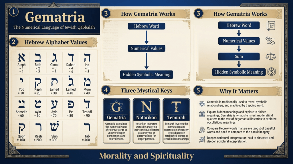 Qabbalistic teachings explained through a Gematria chart showing Hebrew letters and numerical values.