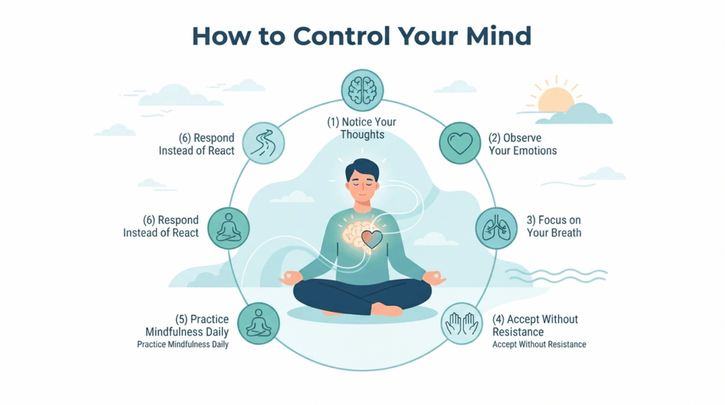 Infographic showing six practical steps to control your mind through awareness, breathing, mindfulness, and emotional regulation.