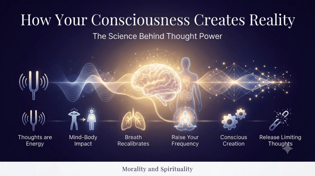 Illustration of the power of thought: radiant brain, tuning fork, meditating figure, and symbolic icons.