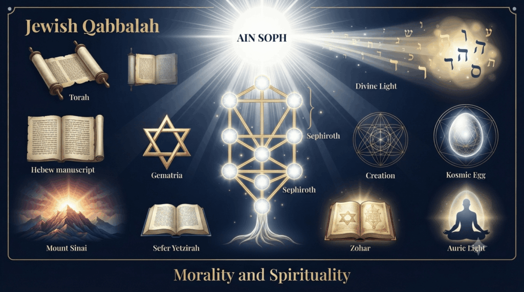 Jewish Qabbalah illustrated through the Tree of Life, AIN SOPH, Torah, and sacred symbols of mystical tradition.