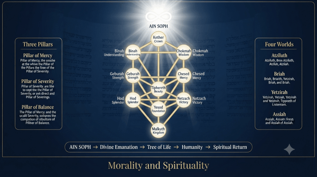 Jewish Qabbalah Tree of Life showing the ten Sephiroth, divine emanation, and AIN SOPH.