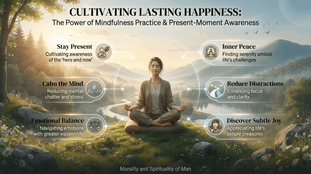Mindfulness practice gently trains the mind to return to the present moment, where distraction gives way to emotional balance, inner peace, and the subtle joy that naturally arises through calm, balanced awareness.