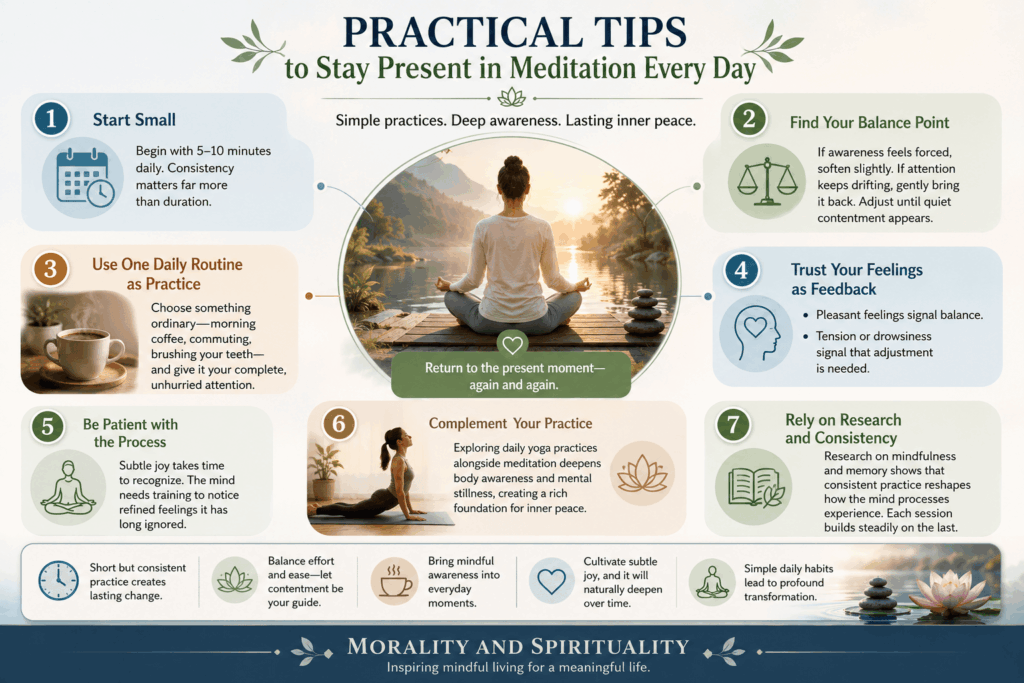 Mindfulness practice infographic showing practical daily tips to stay present through meditation, emotional balance, and consistent awareness.