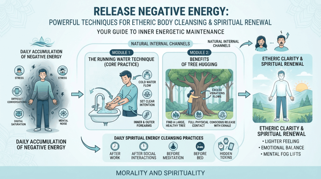 Release negative energy through etheric body cleansing techniques including water rituals, tree hugging, meditation preparation, and daily spiritual energy release practices.