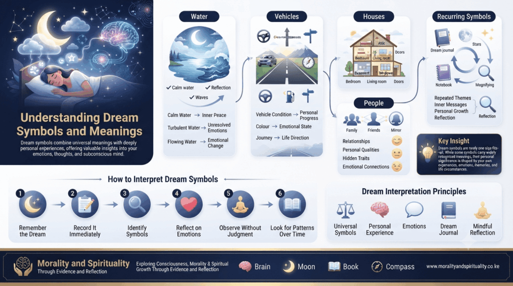 Infographic supporting how to remember dreams by explaining common dream symbols, emotions, journaling, and personal reflection.