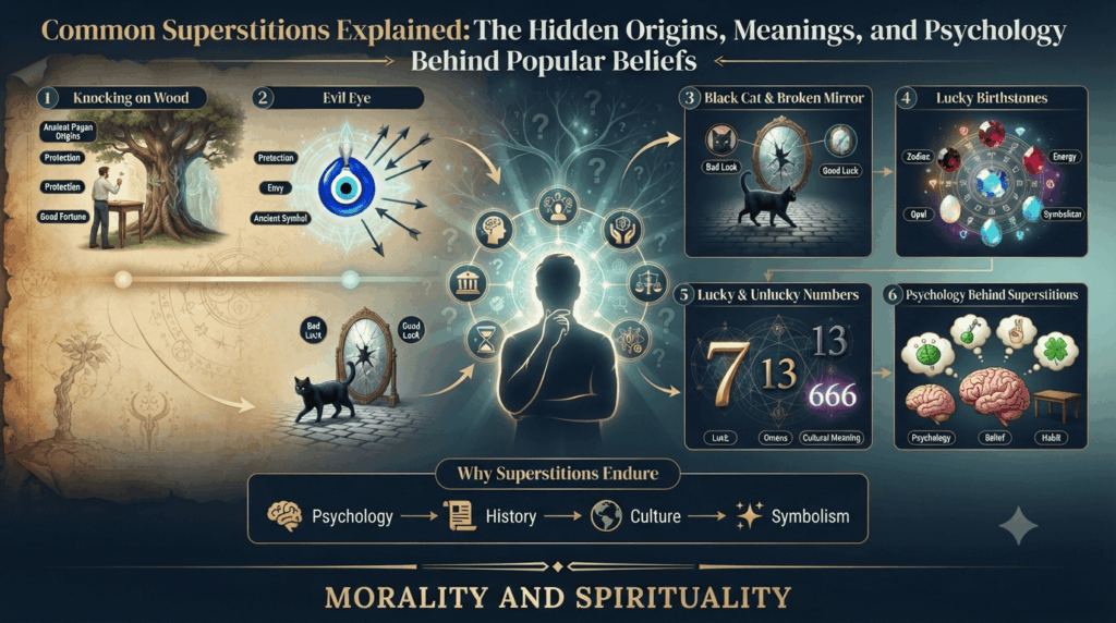 Infographic explaining common superstitions, their origins, meanings, psychology, and cultural beliefs.