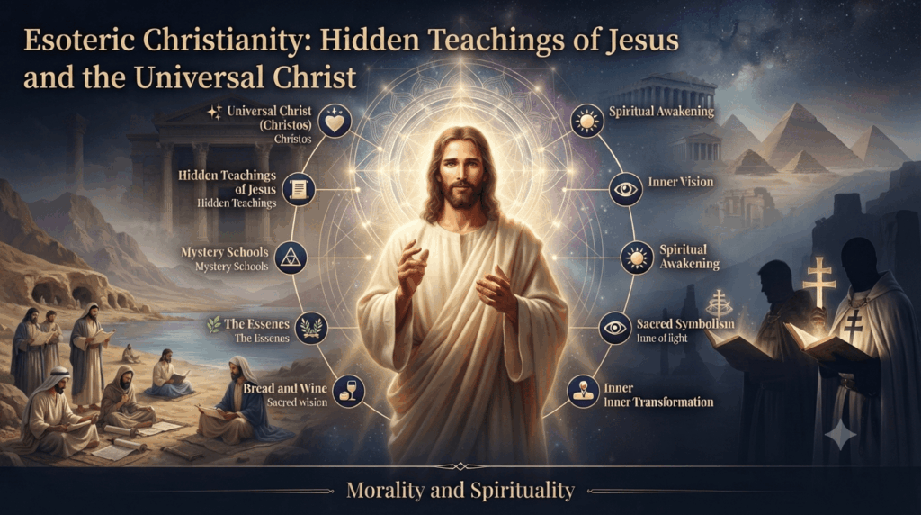 Illustration of Esoteric Christianity showing Jesus, the Universal Christ, the Essenes, Mystery Schools, sacred symbolism, and hidden spiritual teachings.