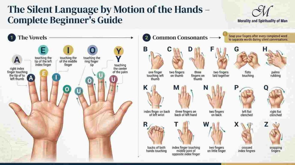 Hand signal alphabet reference chart showing vowels, consonants, and finger positions for secret hand signals.