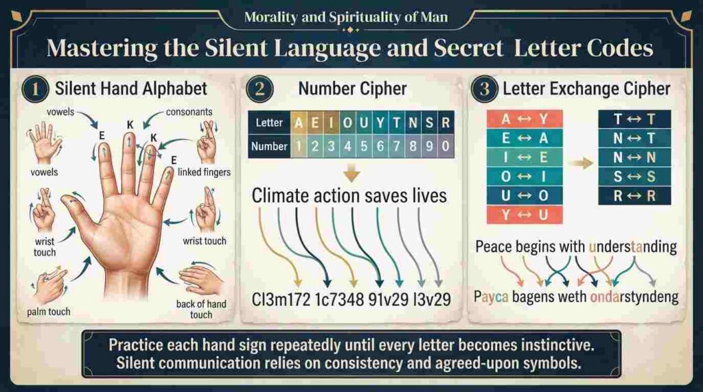 Hand signal alphabet infographic showing silent hand communication, number cipher, and letter exchange cipher.