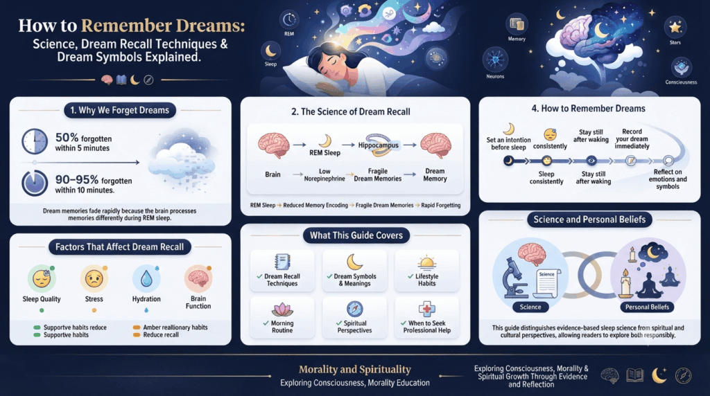 Infographic explaining how to remember dreams using REM sleep science, dream recall techniques, and healthy sleep habits.