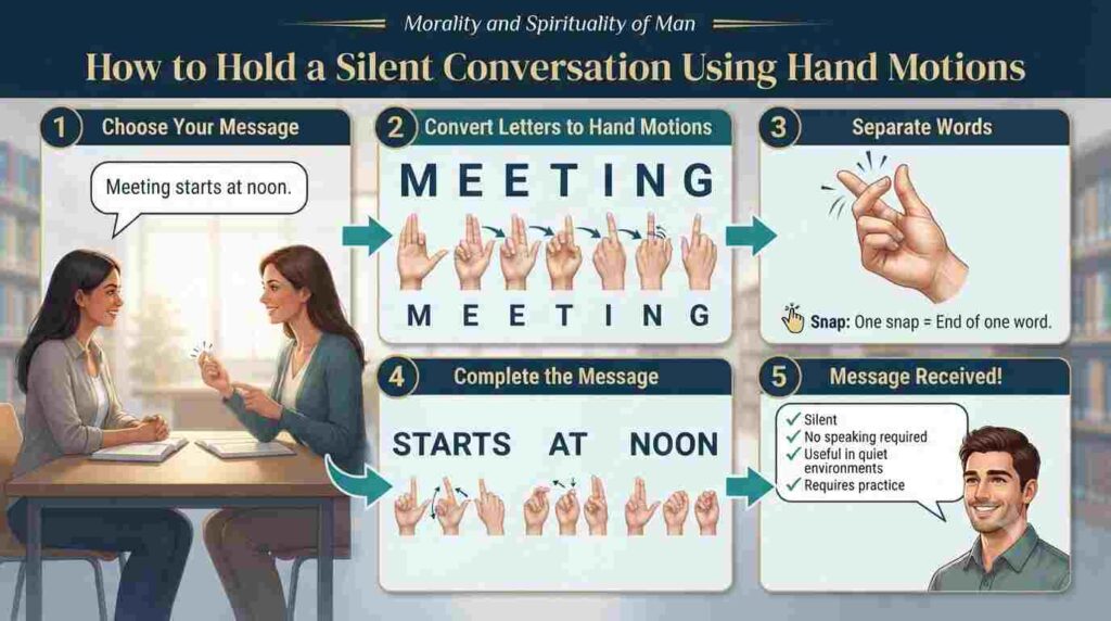Hand signal alphabet example showing silent hand communication from message creation to word separation.