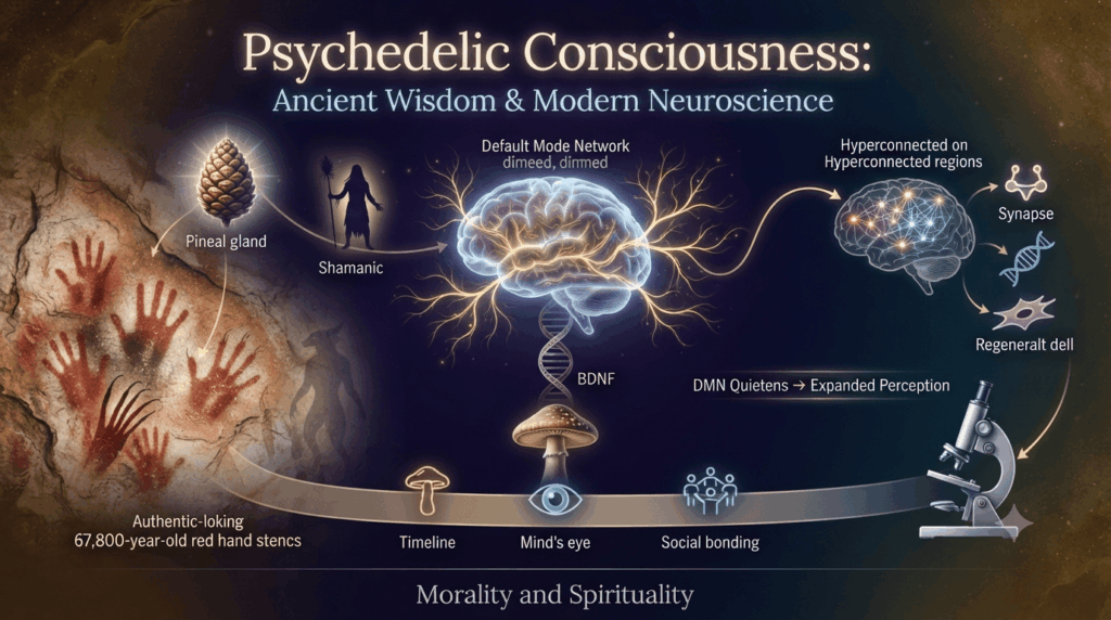 Infographic illustrating psychedelic consciousness: brain with new connections, cave art, pineal gland, neuroscience icons.