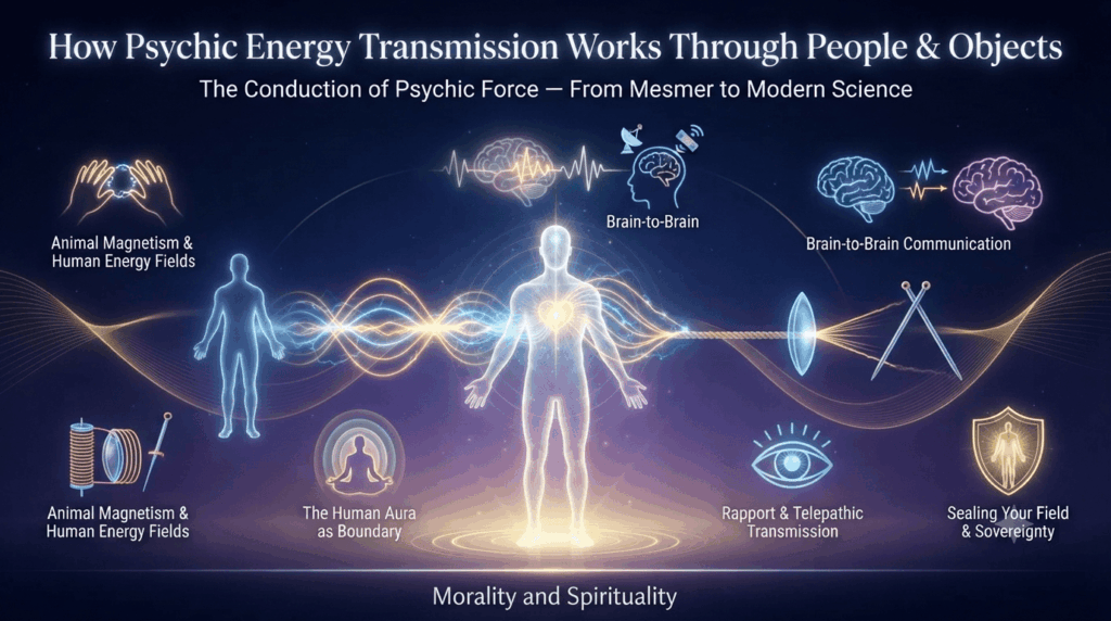 Infographic illustrating psychic energy transmission: human silhouette radiating energy to another person and through lens, needles, icons for aura, brain‑to‑brain communication.