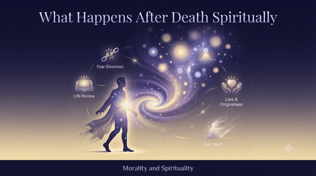 What happens after death spiritually infographic illustrating the soul's journey through life review, love, forgiveness, and transformation.
