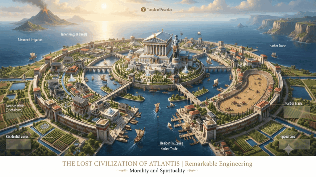 Atlantis mythology showing concentric canals, bridges, temples, and advanced engineering