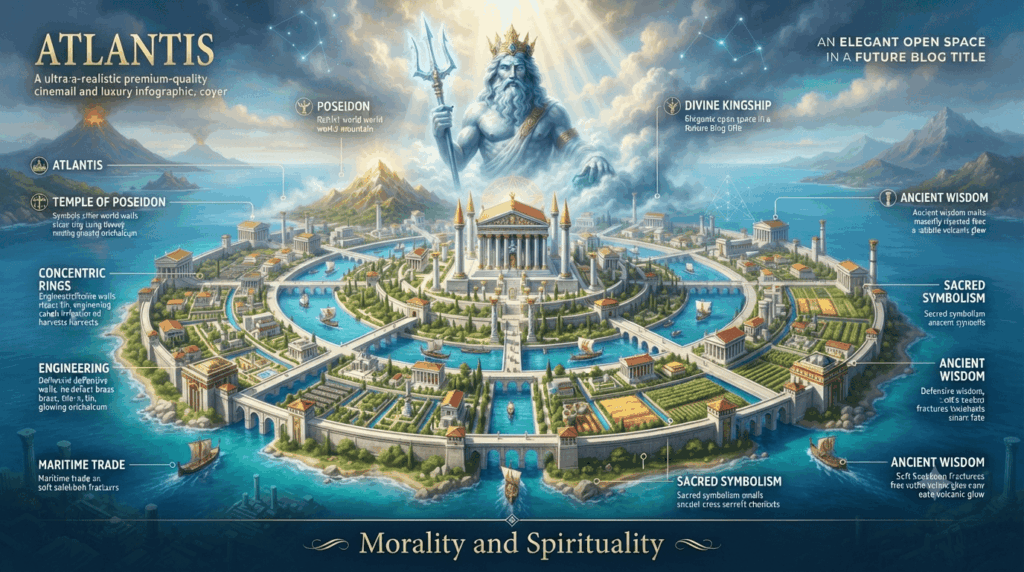 Atlantis mythology depicting Poseidon's magnificent lost island civilization beneath golden skies