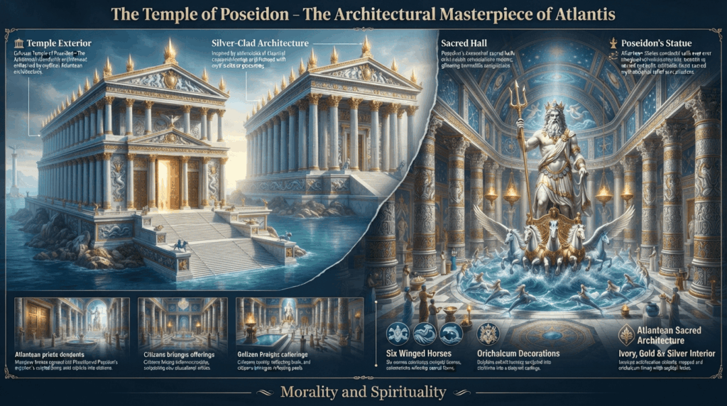 Atlantis mythology featuring the magnificent Temple of Poseidon and sacred architecture